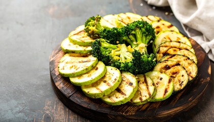Grilled zucchini and broccoli arranged on a wooden board