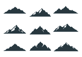 Collection of Twelve Mountain Range Silhouettes Dark Blue Peaks on Black Background isolated on transparent background