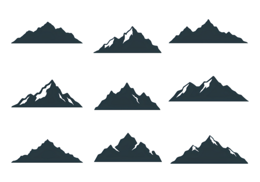Collection of Twelve Mountain Range Silhouettes Dark Blue Peaks on Black Background isolated on transparent background