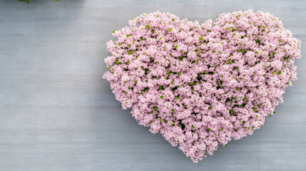 Obraz premium Heart shaped arrangement of pink flowers on gray surface creates romantic atmosphere