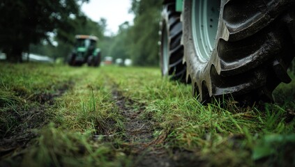 Close-up of tractor tires on green grass, with raindrops and dirt tracks visible in the foreground.
