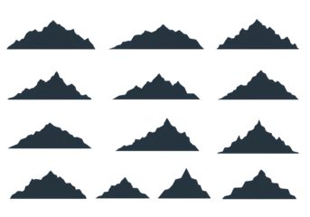 Collection of Twelve Mountain Range Silhouettes Dark Blue Peaks on Black Background isolated on transparent background