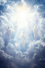Heavenly Figures Rising Through Clouds Brilliant Light Spiritual Scene