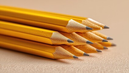 Fototapeta premium Close-up of yellow pencils on a beige background, with ample copy space. High-quality photo with focus stacking.