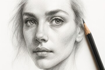 A professional advertisement-style close-up of a pencil sketch on white paper, showing fine detailed shading of a human face with expressive eyes and smooth gradients