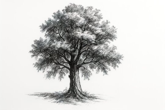 A hyper-realistic advertisement shot of a charcoal sketch of a tree on crisp white paper, with bold outlines