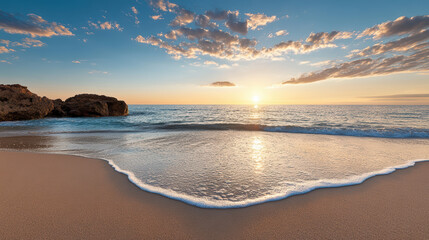 Sunset over calm ocean waves gently lapping on sandy beach with rocky formations