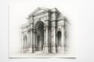 A hyper-realistic advertisement image of an architectural sketch of a classical structure, showing pillars, arches, and intricate facade details