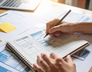Close Up Of Hands Planning On Spiral Notebook