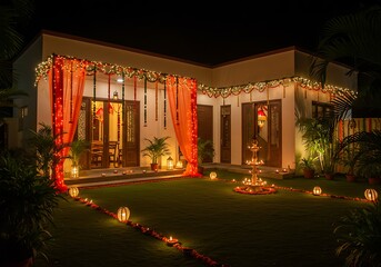 Ganesh chaturthi photo of contemporary indian home exterior decorated with festive lights and orange curtains at night, featuring a beautifully lit pathway and garden for a celebratory mood