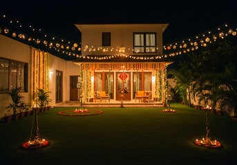 Ganesh chaturthi photo of beautifully illuminated house at night, decorated with string lights and marigold flowers, creating a festive and welcoming ambiance for a celebration or festival