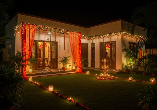 Ganesh chaturthi photo of contemporary indian home exterior decorated with festive lights and orange curtains at night, featuring a beautifully lit pathway and garden for a celebratory mood