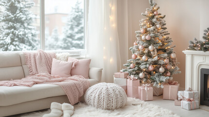 a bright airy living room with pastel-colored Christmas decor, pink and white ornaments, soft lighting
