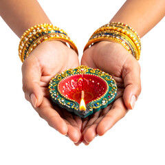 Indian festival happy diwali, female hands hold a diya or oil lamp on transparent background