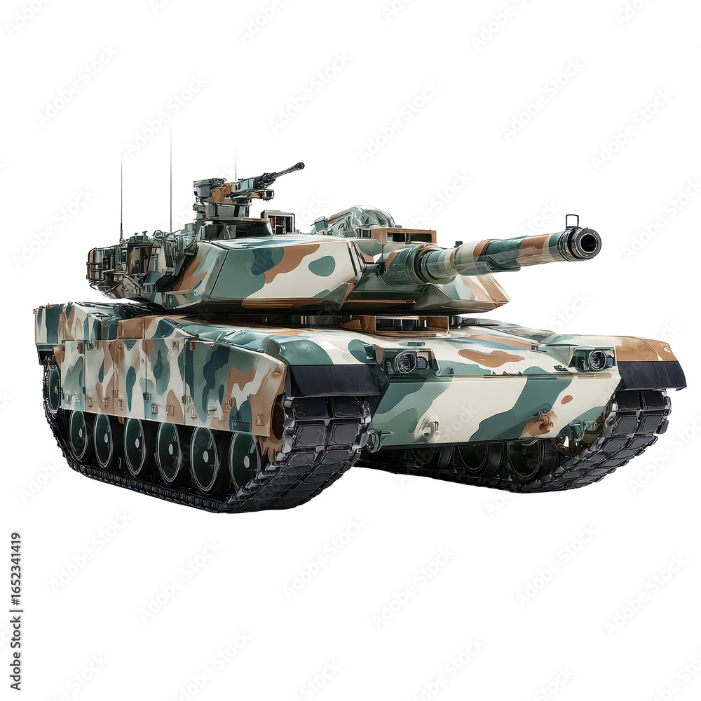 Poster detailed view of a military tank showcasing camouflage pattern and design features in a studio setti