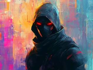 Hooded Figure With Glowing Eyes In A Colorful Abstract Background