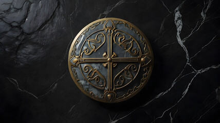 Naklejka premium Overhead marble shield with engraved geometric symbols in cinematic light