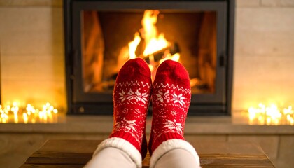 Cozy Red Socks and Fireplace: Warmth and Comfort of Winter Season
