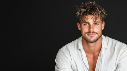 Obraz premium Casual male portrait with stylish hair and confident smile against dark background