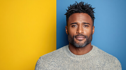 Casual male model with stylish hair, wearing cozy sweater against vibrant background