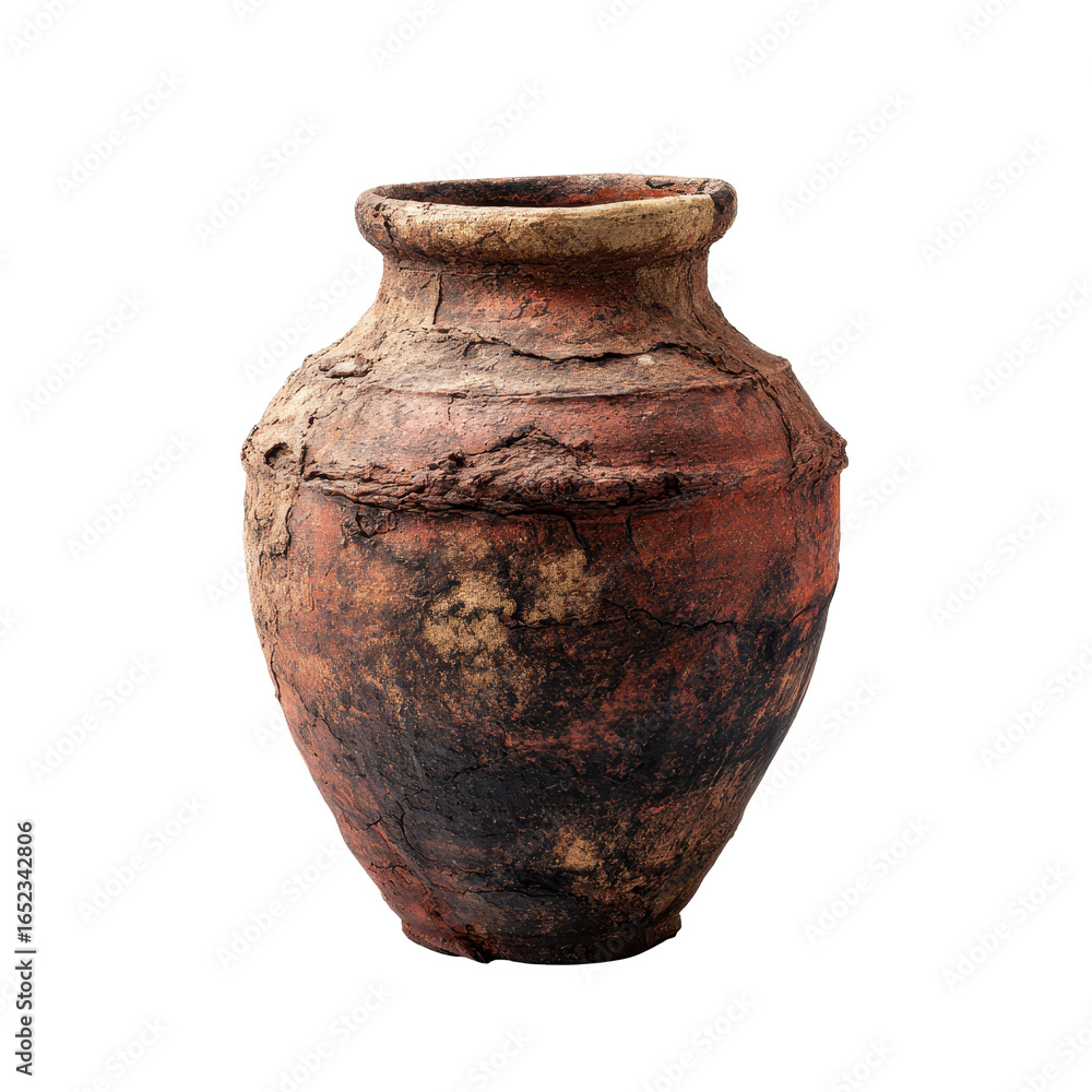 Poster ancient ceramic pot with earthy tones displayed on a neutral background in a studio setting