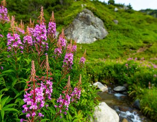 Vibrant pink wildflowers bloom near a cascading stream in a lush, mountainous landscape
