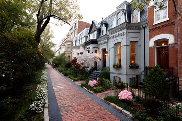 Fototapeta premium Tidy Second Empire-style row homes with a charming brick pathway in Washington, DC, capturing elegance in urban living.