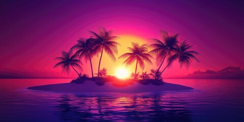 Obraz premium Colorful island with palm trees against a sunset sky background. Colorful neon lights, fantasy, digital art, illustration,