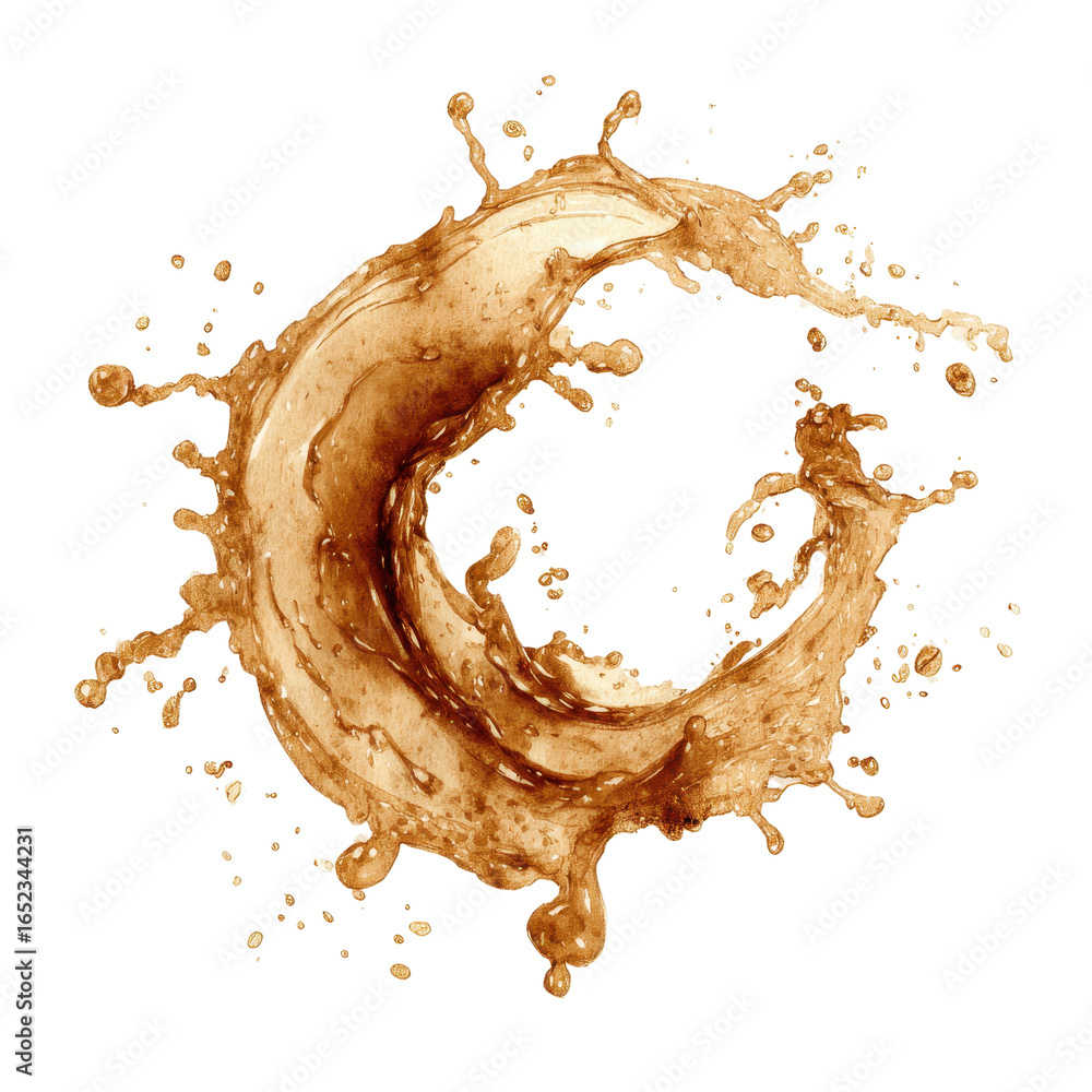 Poster dynamic splash of liquid creating a circular form with rich brown tones and vibrant movement