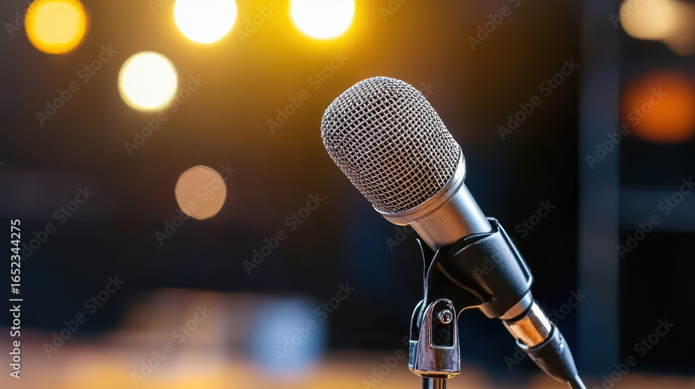 Poster close up of microphone on stand, illuminated by soft stage lights, creating inviting atmosphere