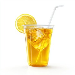 Iced Tea With Lemon And Ice Cubes In A Plastic Cup