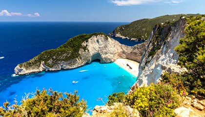 Secluded cove with turquoise water, white sand beach, and verdant cliffs