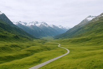 Scenic Mountain Valley with Winding Road: Breathtaking Alpine Landscape in Summer, Ideal for Travel...