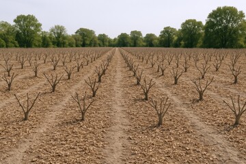 Rows of Young Trees in a Nursery Plantation with Bare Branches and Brown Earth