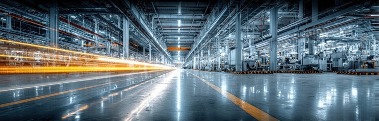 Obraz premium Futuristic Factory Interior with Light Streaks, Industrial Production and Manufacturing Processes Concept