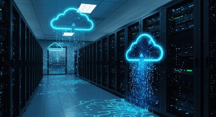 Futuristic server room with glowing blue cloud data streams and digital circuits.