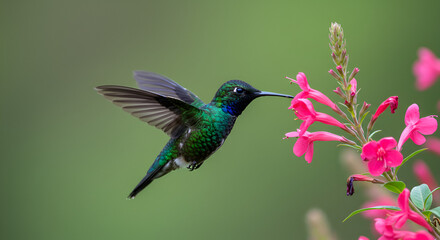 Obraz premium Close-up of a Sparkling Violetear Hummingbird Feeding on Bright Pink Flowers