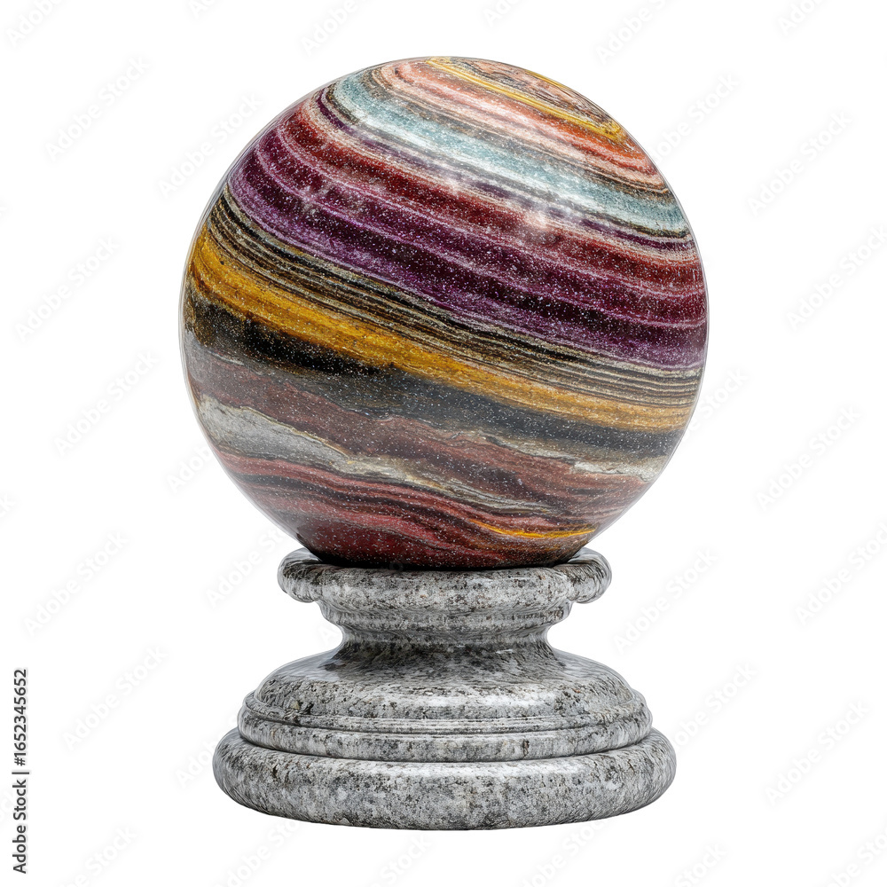 Poster colorful striped stone sphere on a solid stone base showcasing natural patterns in a crafted display
