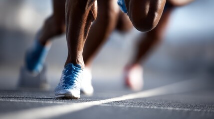 Runners preparing for a race on starting blocks