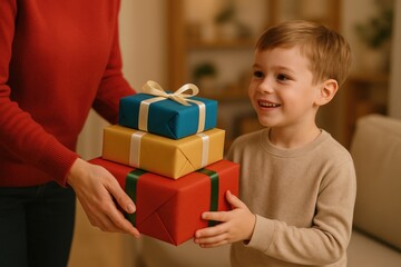 Excited Boy Receiving Stack of Colorful Wrapped Presents From Adult During Holiday Season Indoors