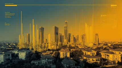 Modern Cityscape with Data Visualization Overlay: Urban Analytics and Smart City Concept with Financial Growth