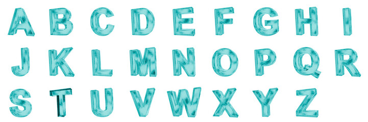 Set of 26 3D blue frosted ice glass of alphabet shapes isolated on a transparent background. Upper case. 3d education elements for graphic design. © Thanh