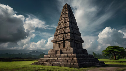 Ultra realistic Indonesian monument with strong lighting and sky backdrop