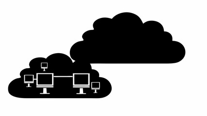 Black and white illustration of a cloud network with connected computers and cloud computing icons