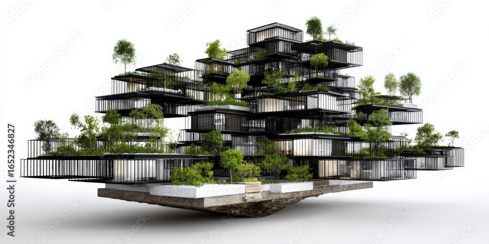 Poster architectural visualization of a modern multi-level building with green spaces and unique design on 