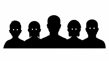 Fototapeta premium Silhouette of five people with glowing eyes standing in a row against a white background with dark shadows