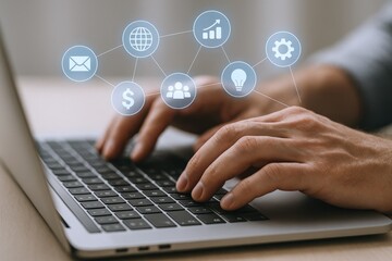 Hands Typing on Laptop with Digital Business Icons Overlay, Demonstrating Online Strategy and Connectivity
