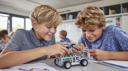 Two Boys Collaborate on Robotics Project in Classroom, Engaging in STEM Education and Teamwork
