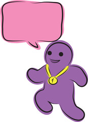 Funny purple man with pink speech bubble smiling joyfully running with gold medal, hand drawn with black brush with curved lines