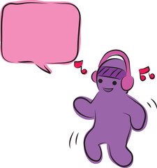Funny purple man in headphones with pink speech bubble smiling and dancing, hand drawn with black brush with curved lines